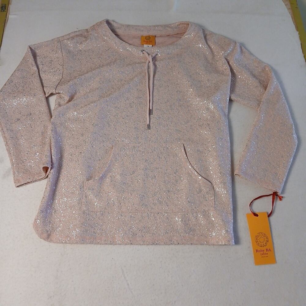 RUBY RD Cozy Up Pink Silver Drawstring Neck Pullover Sweatshirt Size PM NWT